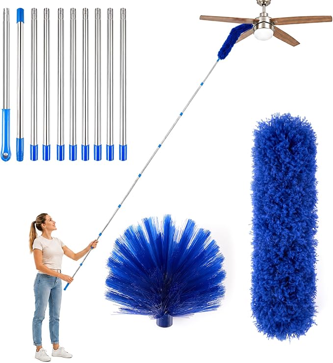 Cobweb Duster with 2-14 ft Extension Pole, Spider Web Brush, Microfiber Feather Long Handle Duster for High Ceilings, Fan, Furniture, Home