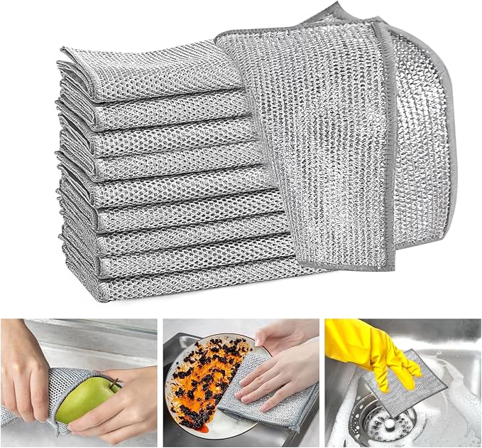XANGNIER 10 Pcs Multipurpose Wire Dishwashing Rags for Wet and Dry,2024 New Multifunctional Non-Scratch Wire Dishcloth,Wire Cleaning Cloth,Non Scratching Metal Wire Rag for Kitchen,Counter,Dishes,Sink | Multipurpose Steel Wool Cleaning Cloths,Wet & Dry...