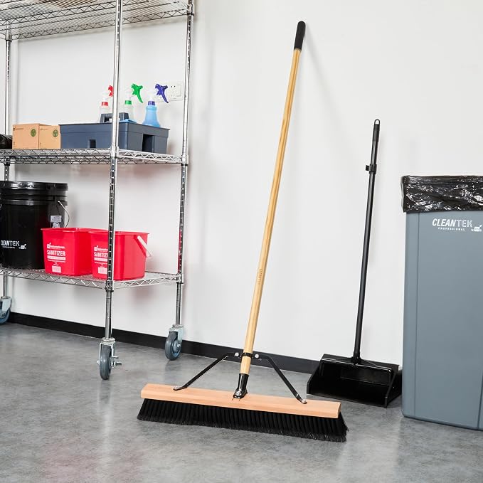 Restaurantware-Clean Tek Professional 24 Inch Push Broom, 1 Heavy-Duty Broom With 60” Handle - Fine Plastic Bristles, Durable, Wooden, Commercial Use, For Deck, Driveway, Garage, Yard, Patio