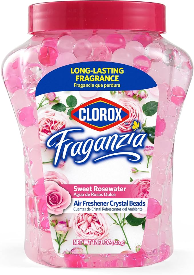 Clorox Fraganzia Crystal Beads Air Freshener, Sweet Rosewater, 12 Oz, 2-Pk | Gel bead formula, long-lasting scent, no spray or mess, home car and office use
