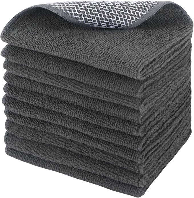 Dish Cloth for Washing Dishes Kitchen Washcloth Cleaning Cloth | 12x12inch 10pack Kitchen Towels Rags, Microfiber Cleaning Cloths, Wash Cloths with Poly Scour Side, Wholesale, Dark Grey