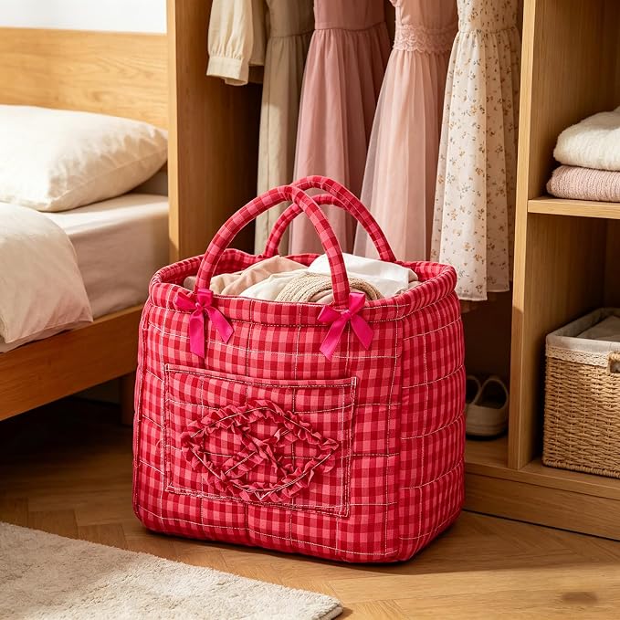 Boho Fabric Storage Basket Quilted Floral Print Baskets Organizer Bin with Handles for Home, Picnic, Shopping (A-Red 2, One Size)