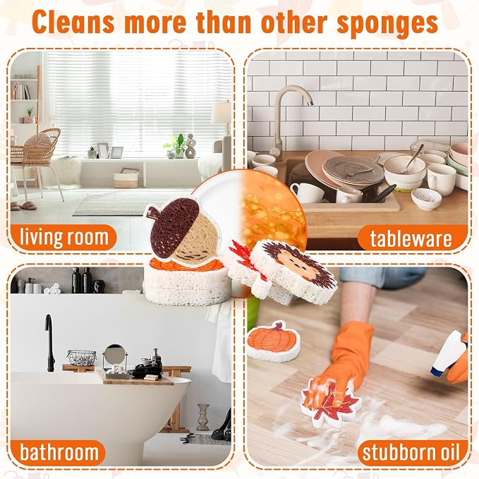 Whaline 8Pcs Fall Kitchen Sponges Pumpkin Maple Leaves Acorn Hedgehog Water Absorbing Dish Washing Sponge Non Scratch Cleaning Scrubbers for Autumn Thanksgiving Home Kitchen Decor
