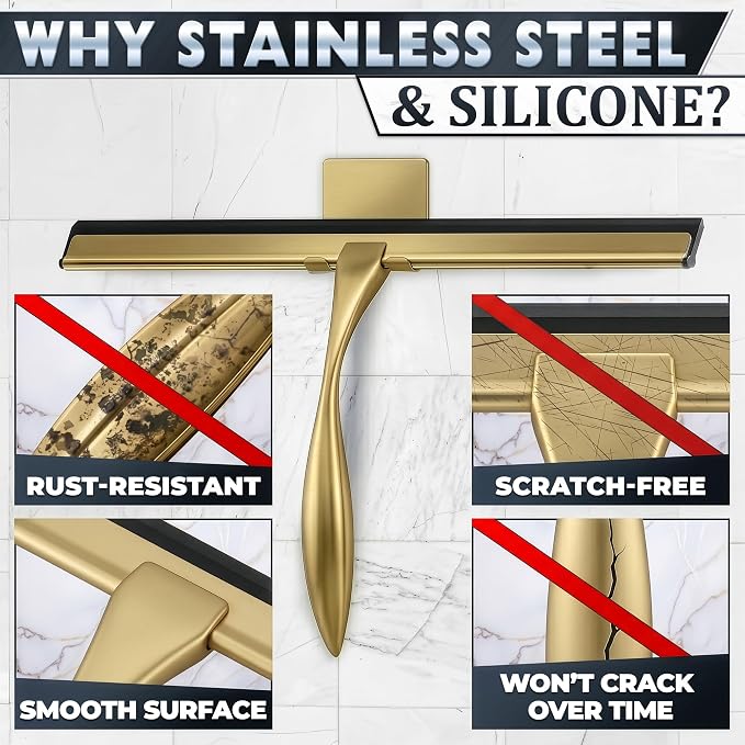 Stainless Steel Shower Squeegee, Glass, Silicone, 12 Inch (Gold) | Shower Door Squeegee with Silicone Blade, Adhesive & Hanging Hooks for Mirror, Tile, Window, Car, Multi-Surface Everyday Use