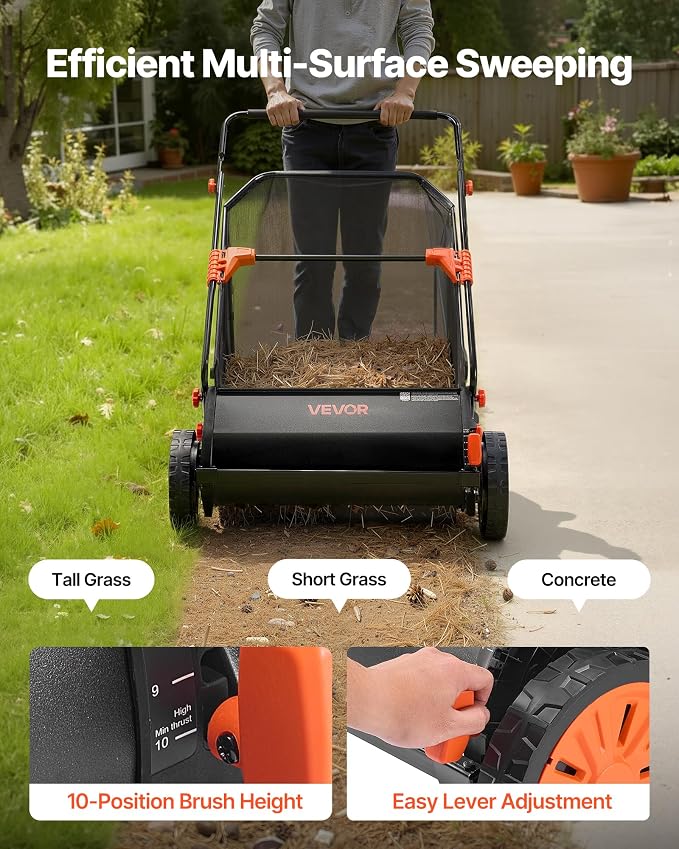 VEVOR Push Lawn Sweeper 26 in Leaf & Grass Collector 7 cu. ft. Hopper Bag | 10-Level Height Adjustable V-Shaped Brushes, Heavy Duty Yard Sweeper for Leaves, Grass Clippings & Pine Needles
