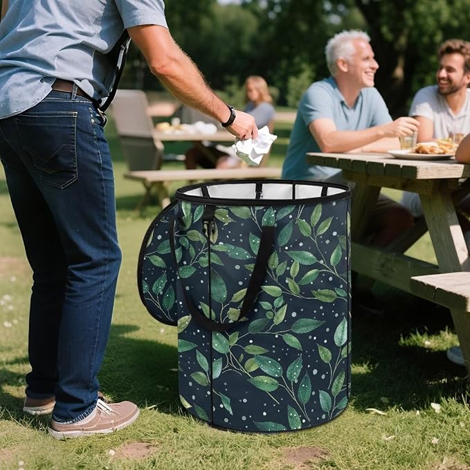 Green Leaf Collapsible Garden Leaf Bin Reusable Container Bag for Yard Waster 24 Gallon Large Capacity Foldable Trash Can with Lid and Handle for Camping Outdoor Picnics
