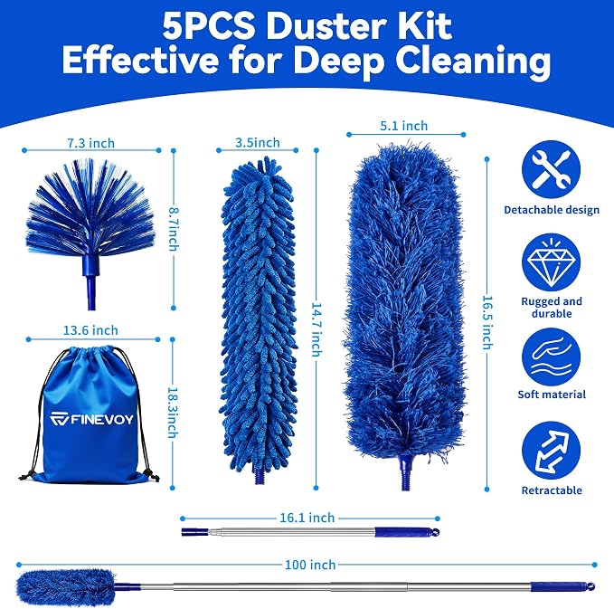 Duster with Extension Pole, 5 in 1 Cleaning Kit with Microfiber Dusters | Long Dusters for Cleaning High Ceilings, Cobweb Duster for Fan and Blinds, Feather Dusters Kit for Furniture Indoor Use