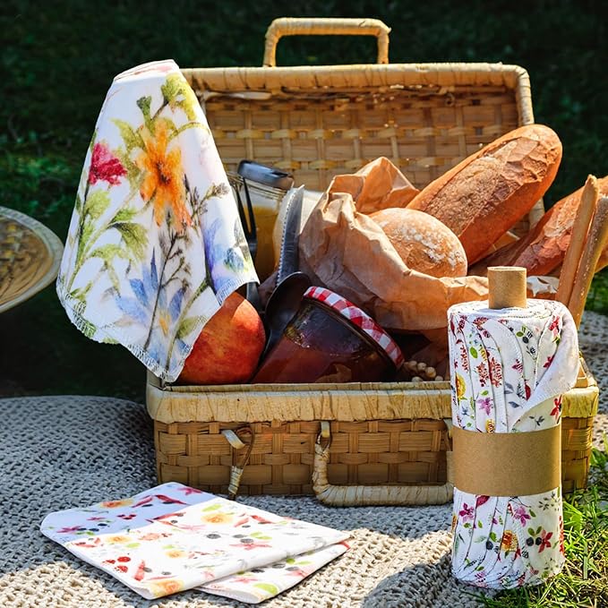 Reusable Kitchen Cloths Cotton Towel, 18 Pack, Wildflowers | Washable 9.84x11.81in, Paperless Towel Rolls Bulk, Cleaning Cloth Napkins for Dishes