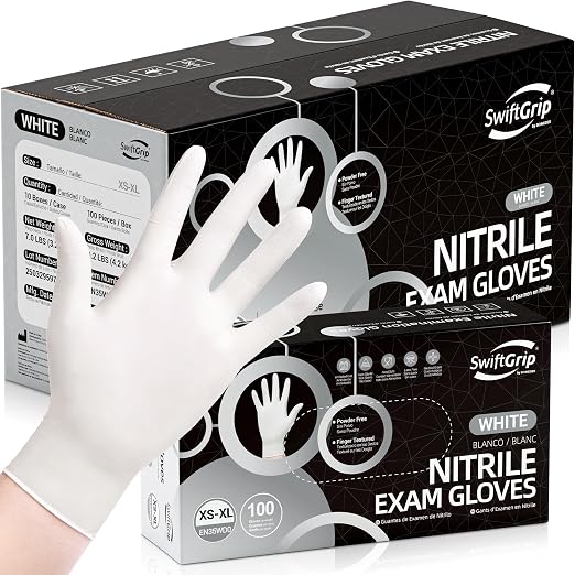 SwiftGrip Disposable Nitrile Exam Gloves, 3-mil, Medium, Case of 1000, White Nitrile Gloves Disposable Latex Free for Medical, Cleaning, Cooking & Esthetician, Food-Safe, Powder-Free, Non-Sterile
