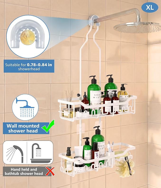 Shower Caddy Hanging Organizer, Extra Large Rack Over Showerhead with Hooks, Adjustable Height Shower Caddy for Big Shampoo Bottle, White