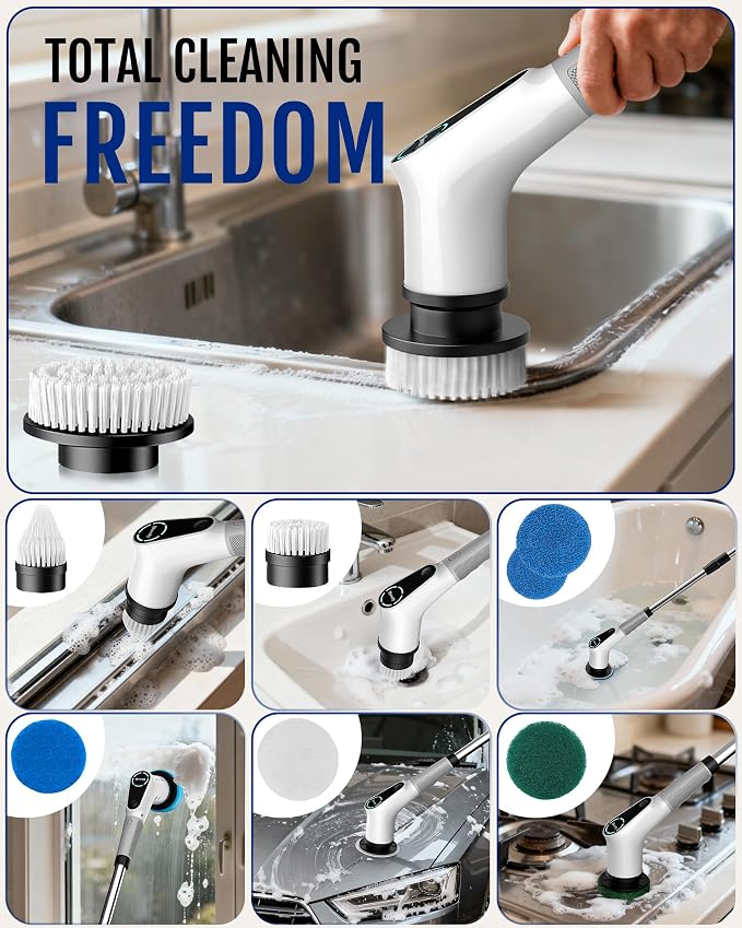 Dovety Electric Spin Scrubber, Extendable Handle, 8 Brush Heads-WH | 90-minute long runtime, Type-C fast charging, multi-scene cleaning tool for shower, bathtub, tile and bathroom scrubbing