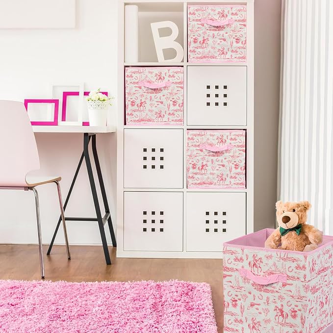 6 Pcs Pink Western Cube Storage Bins 12.5 Inch Cowgirl Storage Basket with Handle, Preppy Girls Organizer Basket, Collapsible Fabric Box for Classroom Bedrooms Office Home Decoration (Pink western)
