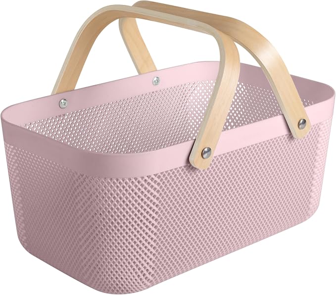 Simplify Large Mesh Plastic Storage Basket with Wooden Handle Blush Color | Garden Harvest Organizer | Kitchen Pantry Storage Bin