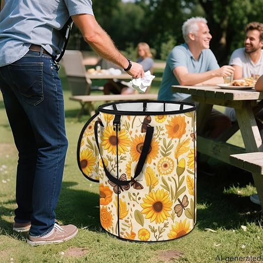 Sunflower Collapsible Trash Can 24 Gallon Pop-Up Outdoor Garbage Can with Handles Waterproof Lightweight Storage Bag with Lids for Camping, Backyard, Hiking