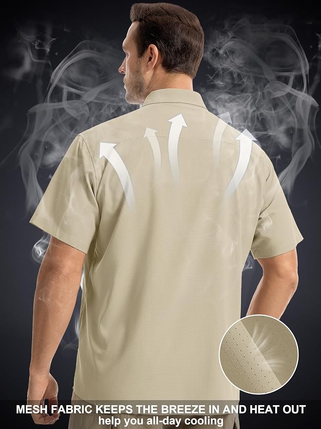 Mens Short Sleeve Fishing Shirt Sun Protection Quick Dry Lightweight | Breathable Fabric, Multi Pockets, for Fishing Safari Hiking Hunting Camping Outdoor Work Casual Wear