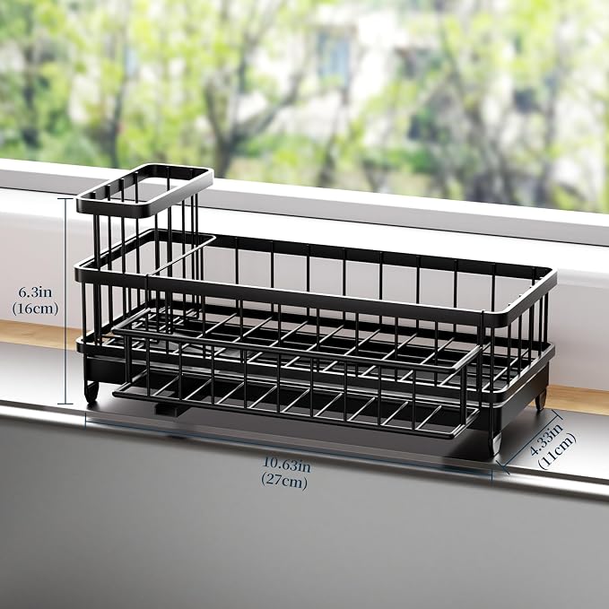 Consumest Sponge Holder for Kitchen Sink - Auto Draining Sink Caddy Organizer with Detachable Rack, High Brush Holder, Kitchen Countertop Storage Accessories, Black-Extra Large
