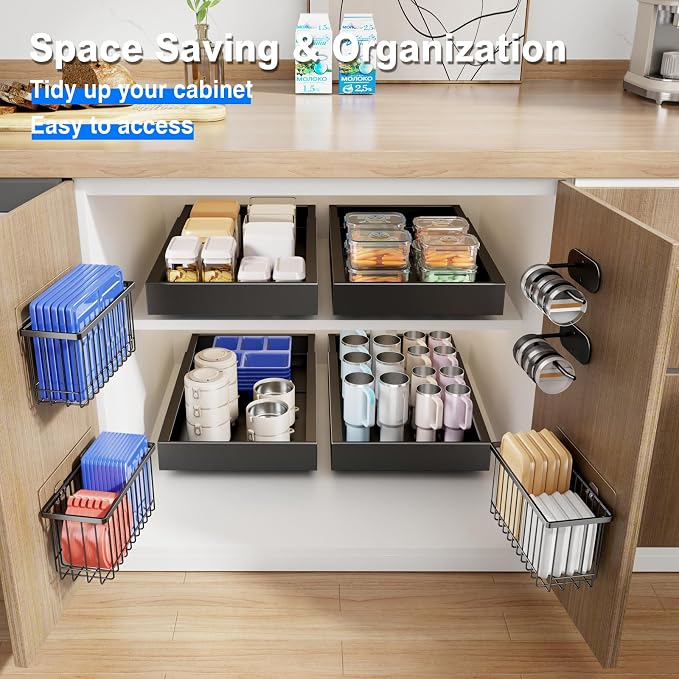 Mustorn 4 Pack Adhesive Cabinet Door Organizer, Lid Organizers Inside Cabinet Food Container/Tumbler Lid Organizer and Storage Cup Lids Holder for Kitchen & Bathroom Wall Mounted(Black)