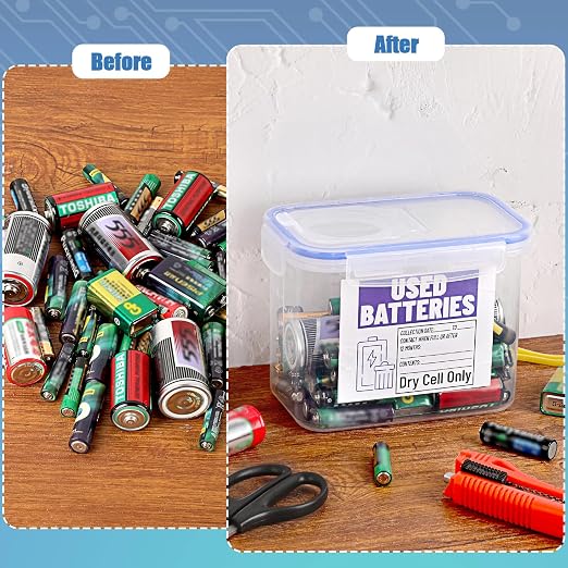 BTSKY Battery Recycling Container with Lid for Household Batteries, Blue | Battery Disposal Container 1.3 L Capacity Dry Cell Storage Recycling Bin with Label for Home Use, Office, Garage