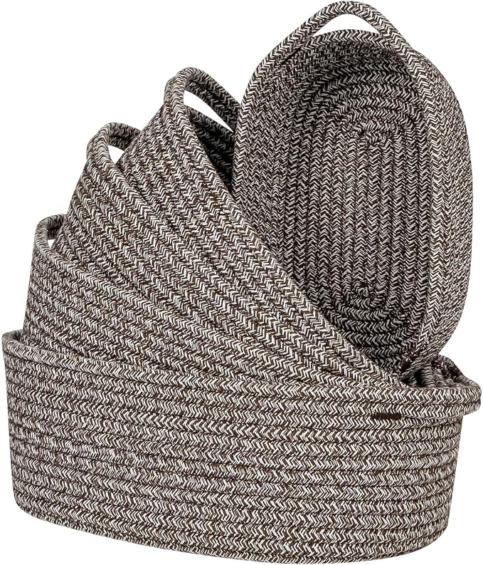 CubesLand Small Storage Basket Cotton Rope Organizer Baskets for Shelves | Set of 5 Decorative Closet Storage Bins with Handle for Countertop, Toilet Paper Basket for Toilet Tank Top, Mixed Brown