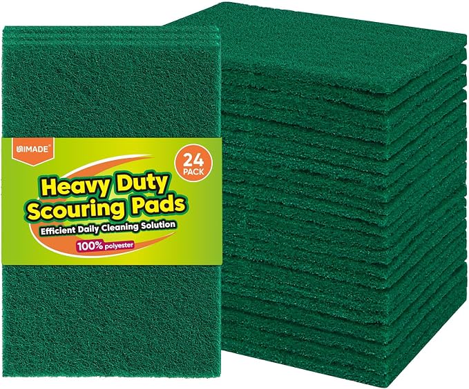 UNIMADE Heavy Duty Scouring Pads, 24Pcs Household Scour Pads | for Kitchen, Garage and Outdoors, Reusable Dish Scrubber Pads for Pan and Metal Grill - Green