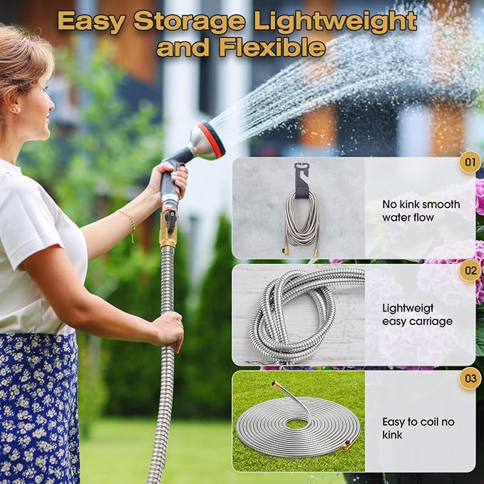 25FT Stainless Steel Metal Garden Hose - Lightweight, Kink-Free & Tangle-Free, Flexible with Brass Fittings, On/Off Valve, Pet Proof, Puncture Proof for Yard, RV, Car Washing (Silver)