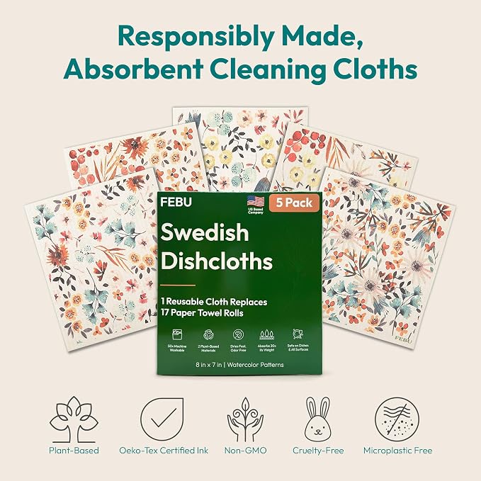 FEBU Swedish Dishcloths for Kitchen, 5 Pack, Stamps | Reusable Paper Towels Washable, Non-Scratch Cellulose Sponge Cloths, No Odor, Biodegradable
