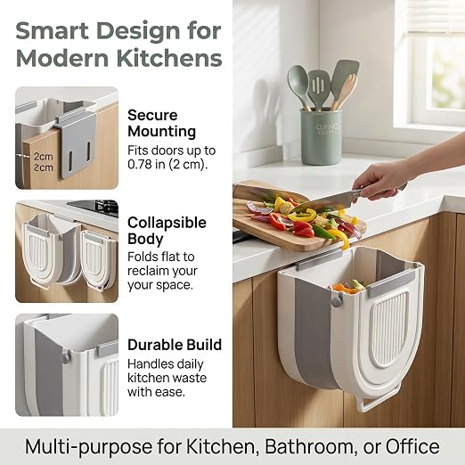 Wall-Mounted Collapsible Trash Can for Kitchen - 2026 Multipurpose Folding Waste Bin for Peels, Recycling & Space-Saving - Creative Design Gray 8.3