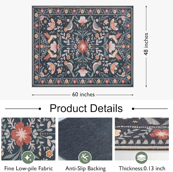 Anidaroel 48"x60" Office Chair Mat for Hardwood Floor/Tile, Black Floor Mat for Office Chairs, Anti-Slip Floral Under Desk Rug for Rolling Chairs, Bird Bug Low Pile Desk Chair Mats for Hardwood