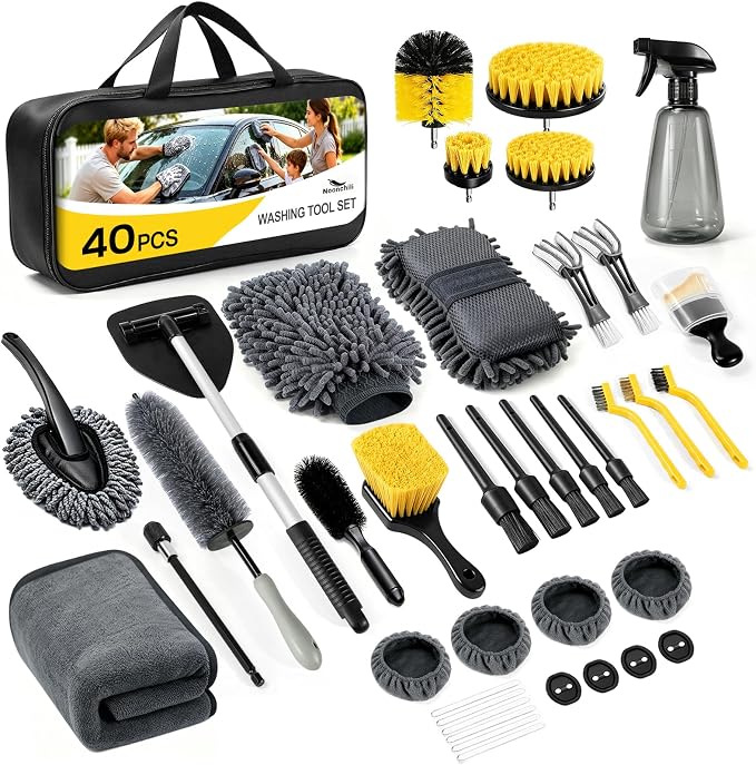 40 Pcs Car Detailing Kit Interior, Tote Includes Premium Drill Brush | Windshield Cleaning Tool Interior,Detailing Brushes Tire Brush Towels and Wheel Car Wash Kit for Cars, Trucks and Motorcycles