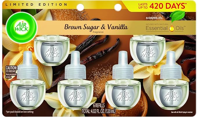 Air Wick Plug in Scented Oil Refills, 6 Count, Brown Sugar and Vanilla, Air Freshener, Essential Oils
