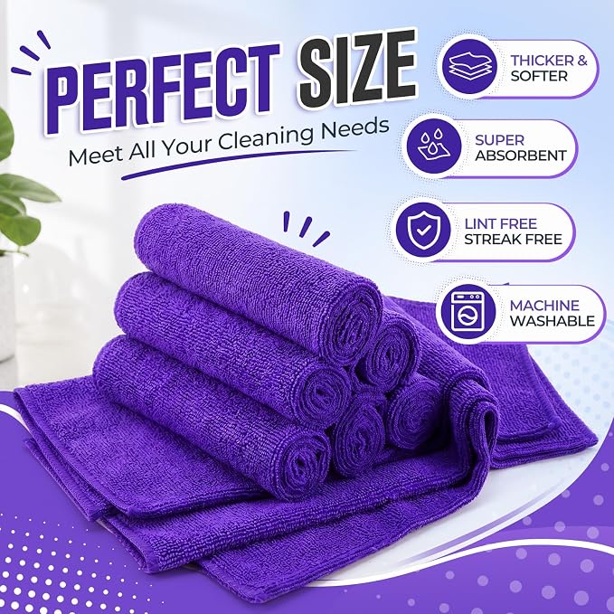 Nuenen Microfiber Cleaning Cloths for Cars Ultra Absorbent Car Towels Drying Reusable Cleaning Supplies House Kitchen Window Microfiber Towel (12 x 12 Inch, Purple, 60 Pcs)