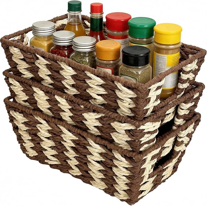 Paper Rope Storage Baskets for Shelves Organizing, Small Hand Woven Wicker Organizer Basket with Handle for Bathroom Toilet Paper Storage, Beige and Brown, 3-Pack