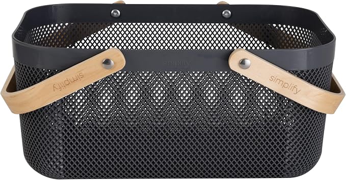 Simplify Large Mesh Plastic Storage Basket with Wooden Handle CHARCOAL Color | Garden Harvest Organizer | Kitchen Pantry Storage Bin