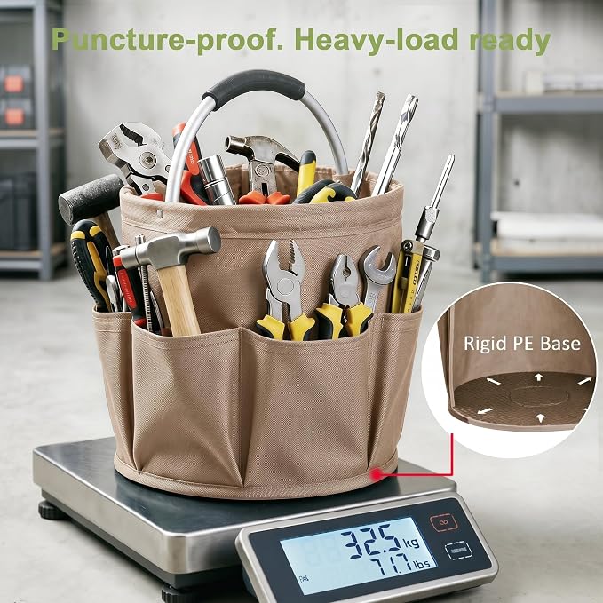 Cleaning Supply Caddy, 17L Foldable Cleaning Caddy with Handle and 6 Pockets, 600D Oxford Fabric Portable Shower Caddy, Bucket Bag for Cleaning Products, Camping, Khaki