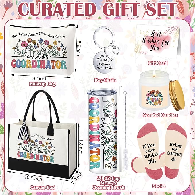 Patelai 7 Pcs Chaos Coordinator Gifts for Women Thank You Coordinator Bag | Funny Basket Self Care Set with 20oz Tumbler Tote Socks Candle Unique Problem Solvers Gift for Coworker Employee Lady Manager