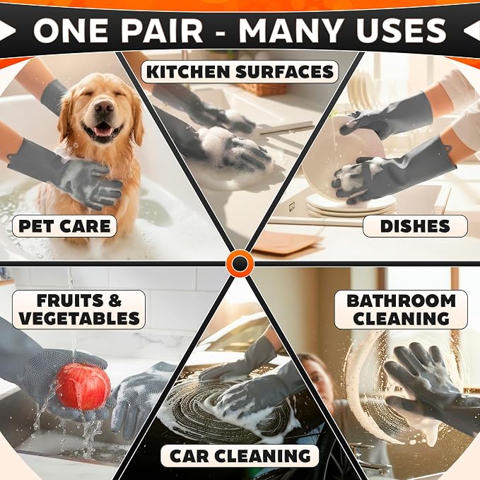 ALPENKOK Silicone Gloves for Washing Dishes, Reusable, Non-Slip (Grey) | Tear-Resistant, Water-Blocking, Dense Bristles; Dog Washing Gloves for Pet Use, Kitchen Cleaning & Daily Chores