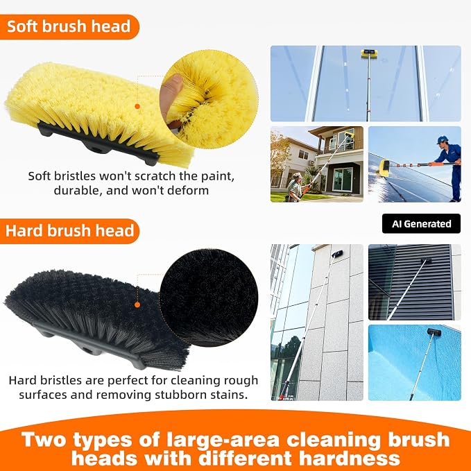 16FT Car Wash Brush with Long Handle, Car Cleaning Brush with 12" Soft Bristle and 12" Hard Bristle, 4-16Ft Telescopic Pole for Scratch-Free Cleaning Truck,RV, Boats,House Siding,Floors,Solar Panels