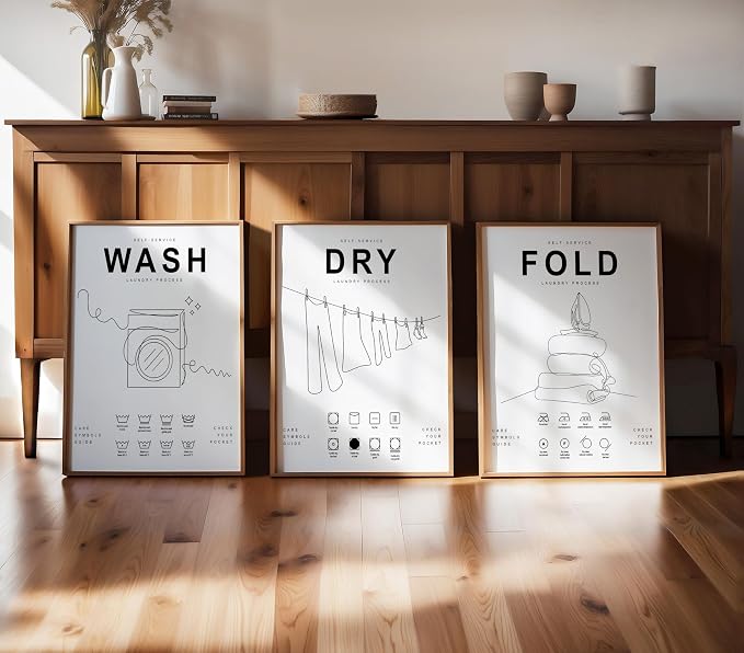 Poster Master 3-Piece Wash Dry Fold Print - Laundry Poster - Line Drawing Art - Black & White Design - Symbols & Guide Art - Minimal Laundry Room Decor - 24x32 UNFRAMED Wall Art