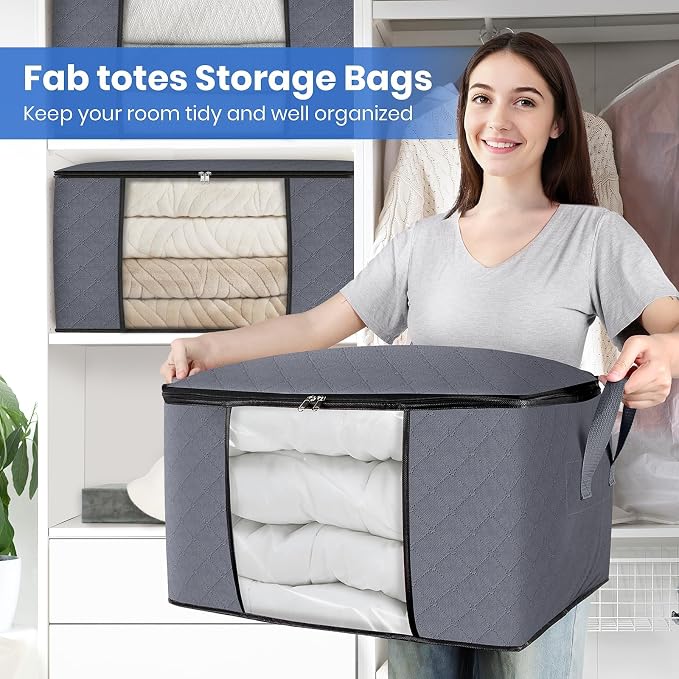 Fab totes 3 Pack Storage Bags for Clothes Blanket Storage Bins with Lids | Foldable Closet Organizers with Zippers,Window and Handles,Fabric Storage Bins for Sweater,Comforter,Bedding,Dorm essentials