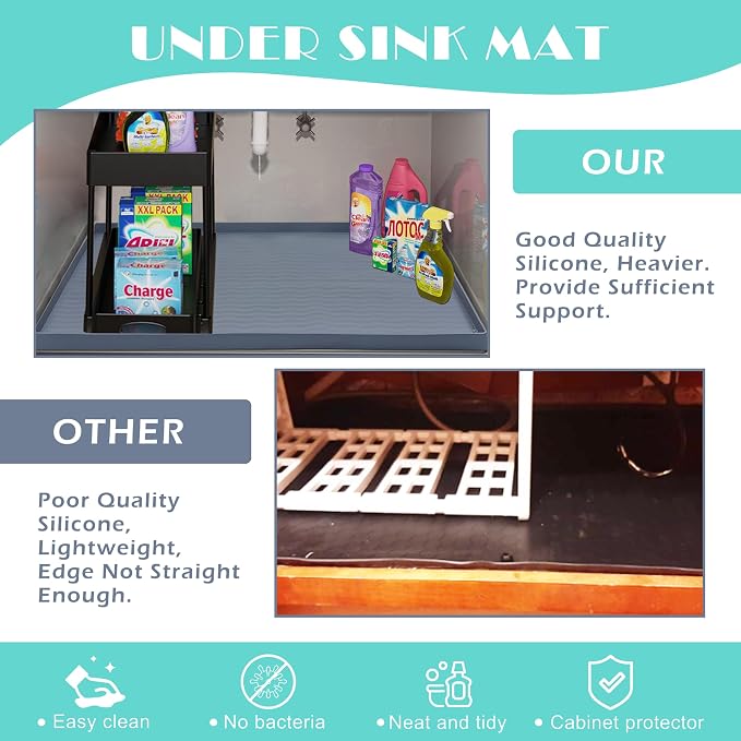 URMONA Waterproof Silicone Under Sink Mat 31'' x 22'' Shelf Liner for Kitchen and Bathroom, Cabinet and Counter Protector, Storage and Organizers, Litter Mat, Pet Cat Puppy Essentials(Khaki)