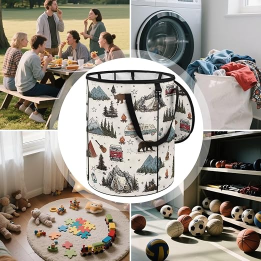 Mountain and Bus Print Camping Trash Can Collapsable 20 Gallon Large Outdoor Trash Can with Lid Waterproof Design Garbage Cans for Car Easy to Use and Clean
