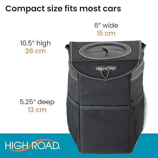 High Road StashAway Heavy Duty Car Trash Can with Rubber Lid | Leakproof Car Garbage Can With 3 Storage Pockets and Sturdy Panels for Stable Floor or Hanging Seatback Use