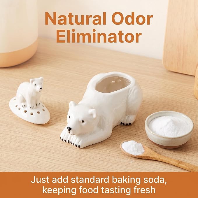 dgudgu Ceramic Bear Baking Soda Holder Deodorizer Fridge Odor Absorber | Cute ceramic mama and baby polar bear baking soda odor absorber container for fresh refrigerators and closets.