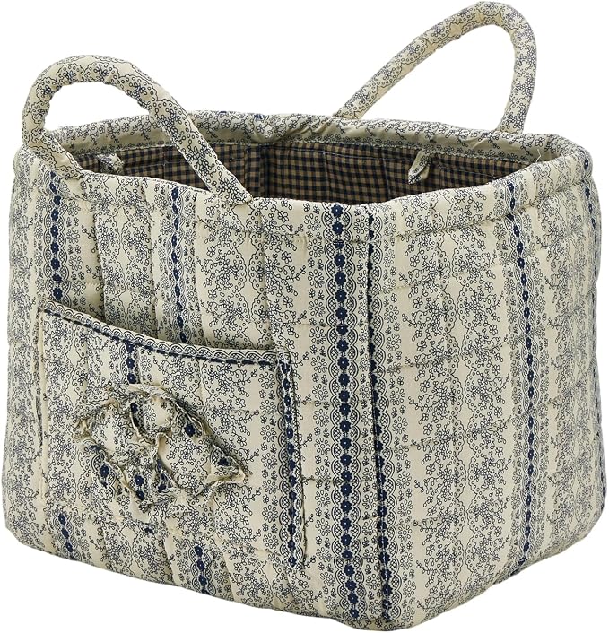 Quilted Fabric Storage Basket with Handles & Pocket, Foldable Laundry Hamper Boho Floral Print Organizer Bin for Home, Picnic, Office 12"x10"x10" (B-4)