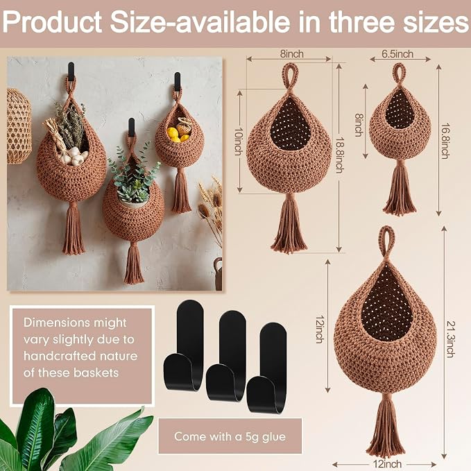 Honeydak 3 Hanging Baskets, White, Cotton Rope, Tassel | Wicker Wall Baskets with Hooks for Fruit Vegetable Onion Storage, Teardrop Organizer for Kitchen, Boho Farmhouse Decor