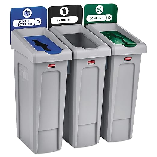Rubbermaid Commercial Products SLIM JIM Recycling Station 3-Stream Landfill/Mixed Recycling/Compost Bin/Can/Kit/Station, 23 Gal, for Kitchen/Classroom/Office/Education/Commercial Facilities