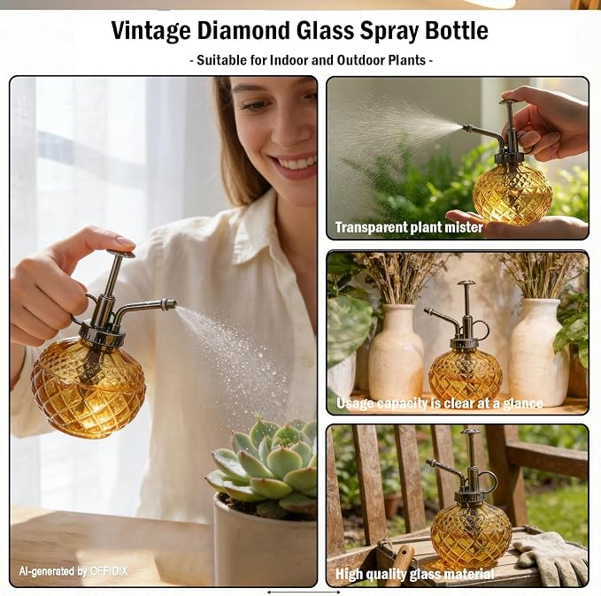 OFFIDIX Glass Plant Mister, 10 oz Vintage Small Glass Spray Bottle Brown | 300ml Glass Spray Bottle, Refillable Empty Watering Can Bottle, Fine Mist Cleaning Pet, Hair Mister, Gardening spritzer
