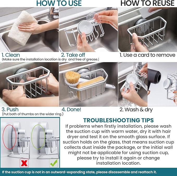 TAILI Sponge Holder for Kitchen Sink with Suction Cup-Silver, Aluminum | Rustproof Aluminum Sink Caddy for Sponges,Brushes,Stoppers & Scrapers,Removable Ventilated Quick-dry Design, holds Up 11lbs
