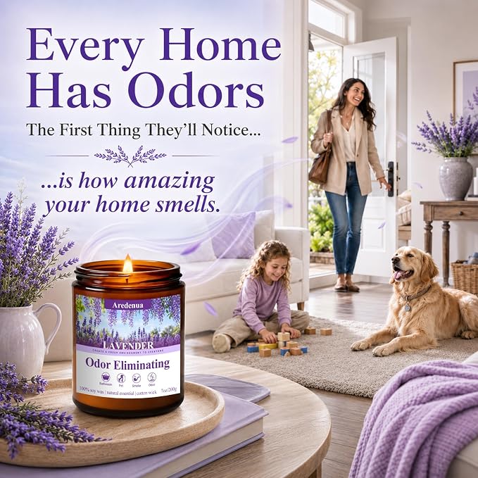 4 Pack Odor Eliminating Highly Fragranced Candle - Eliminates 95% of Pet, Smoke, Food & Other Smells Quickly - Air Freshing Scent of Grapefruit/Linen/Lavender/Ocean - 28oz Soy Candle Gift for Home