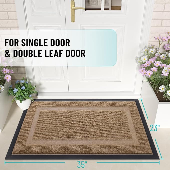 OLANLY Front Door Mat Outside 35x23, All-Season Heavy-Duty Rubber Doormat | Light Brown, Absorbent, Stain Fade Resistant, Waterproof Non-Slip Backing, Low-Profile Indoor Outdoor Floor Mat for Entryway
